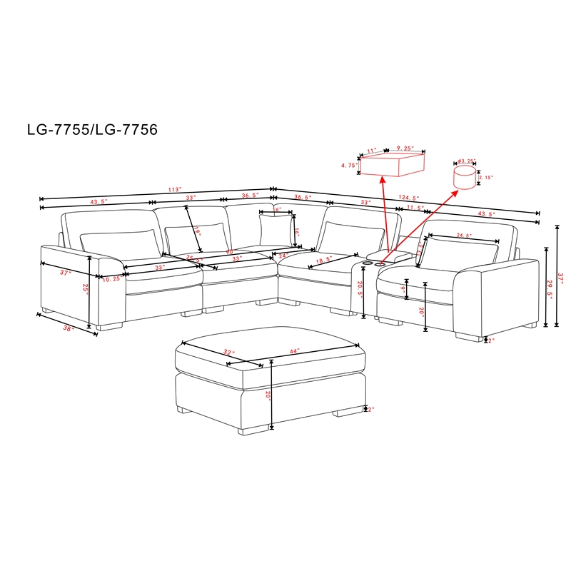 Chenille L-Shape Sectional Sofa with Ottoman Console Pillows Beige