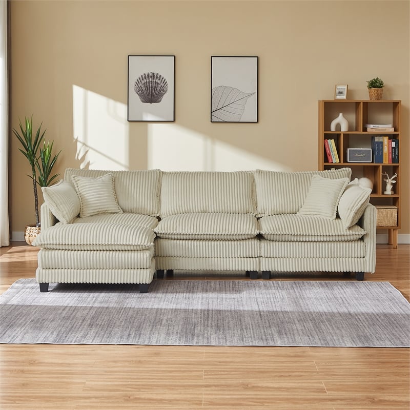 3-Seat Corduroy Cloud Sofa with Ottoman & Pockets & Pillows Beige