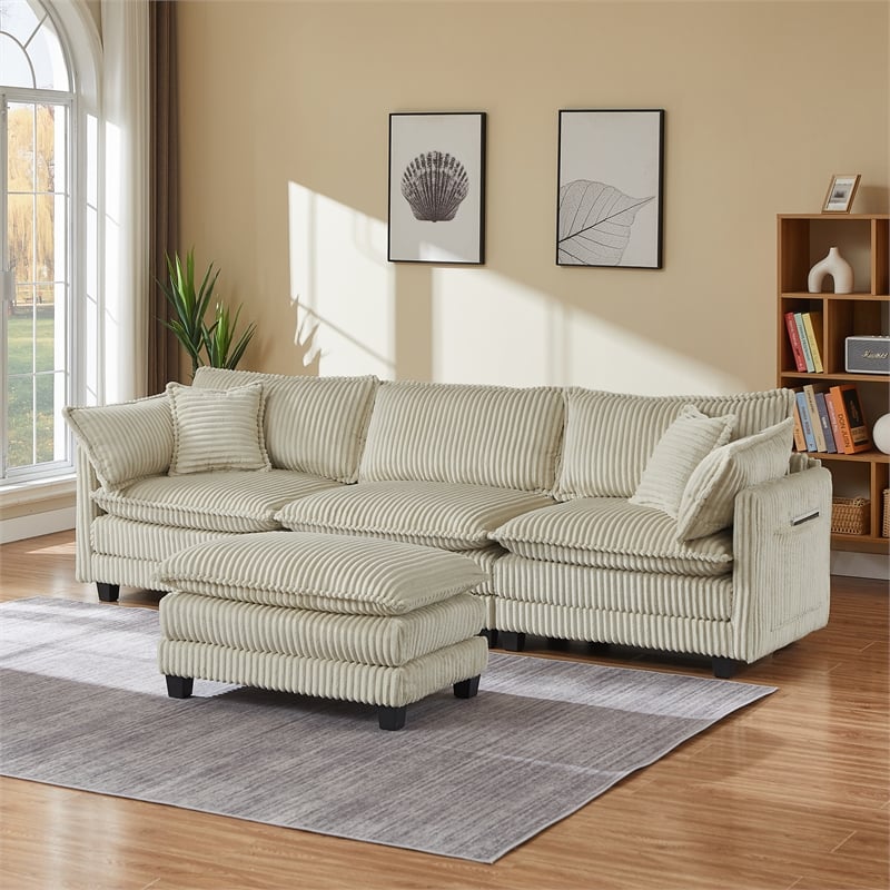 3-Seat Corduroy Cloud Sofa with Ottoman & Pockets & Pillows Beige