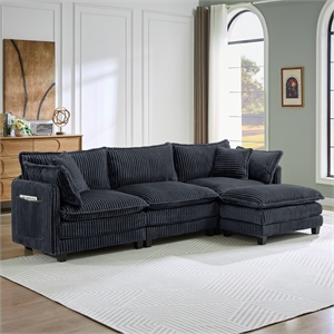 3-Seat Corduroy Cloud Sofa with Ottoman & Pockets & Pillows Gray