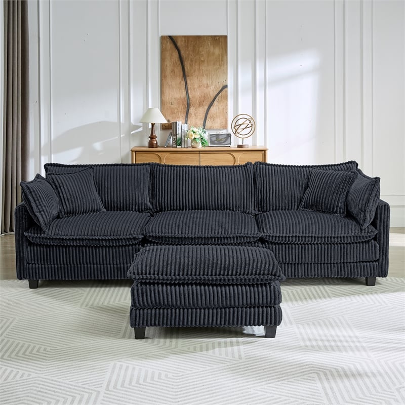 3-Seat Corduroy Cloud Sofa with Ottoman & Pockets & Pillows Gray