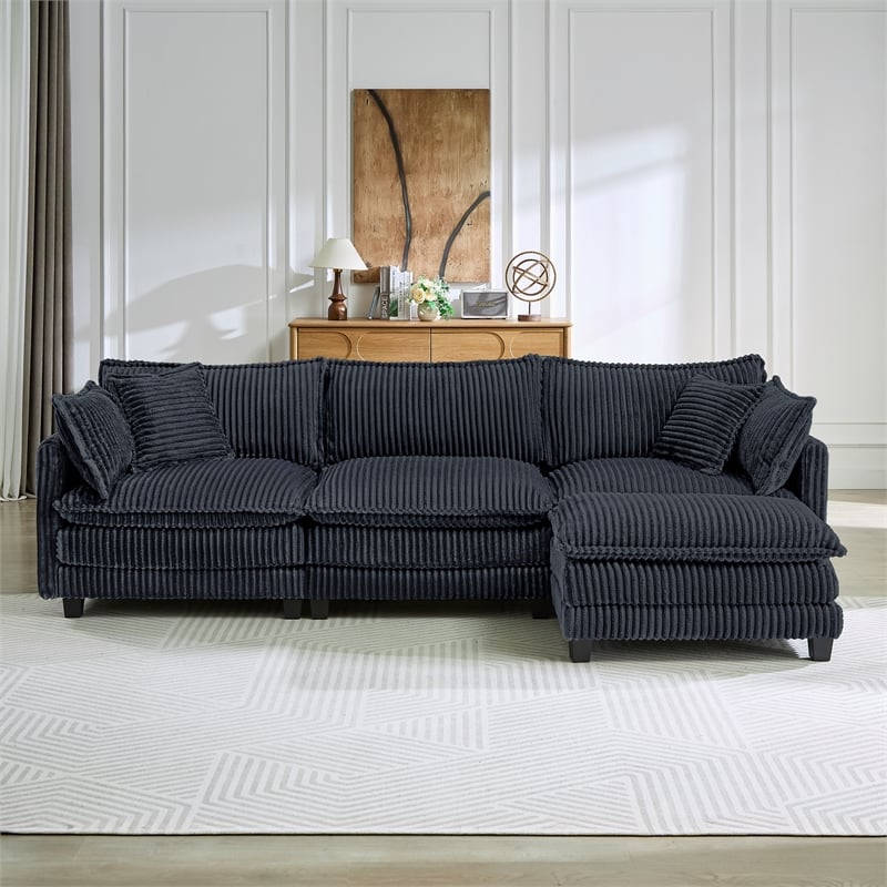 3-Seat Corduroy Cloud Sofa with Ottoman & Pockets & Pillows Gray