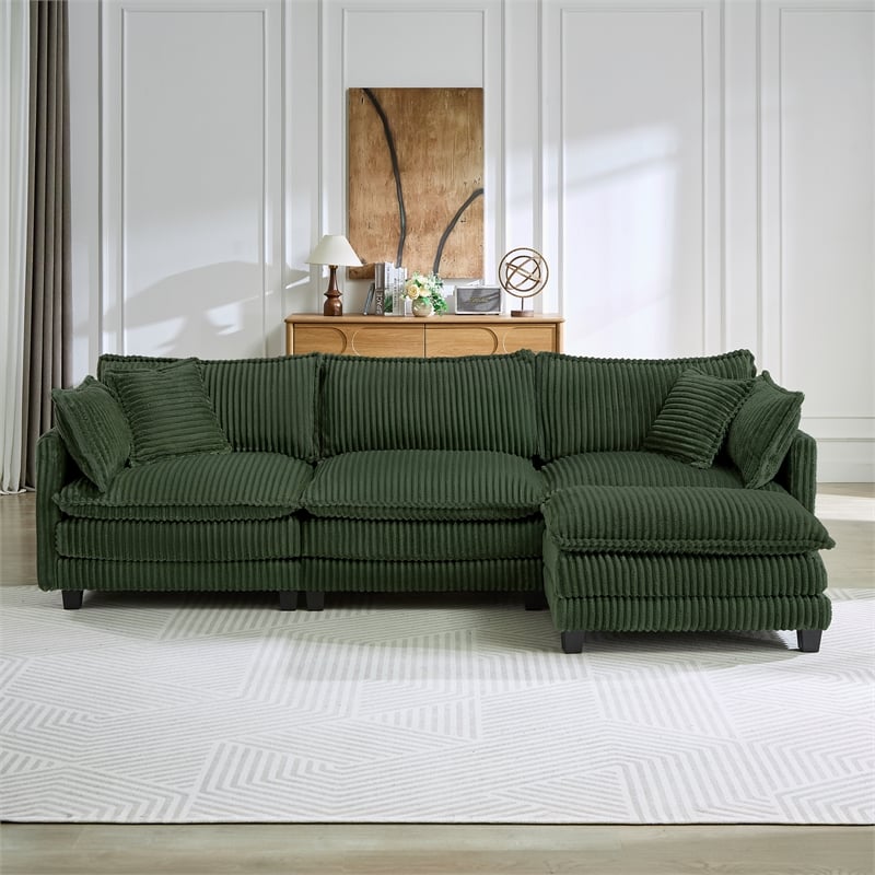 3-Seat Corduroy Cloud Sofa with Ottoman & Pockets & Pillows Green