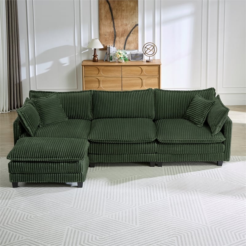 3-Seat Corduroy Cloud Sofa with Ottoman & Pockets & Pillows Green