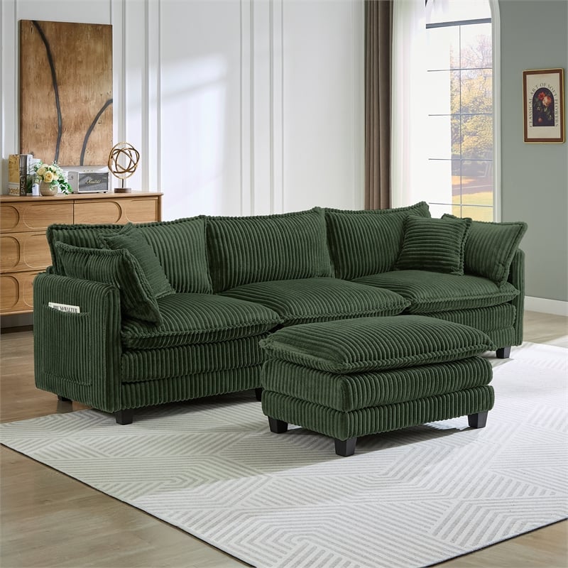 3-Seat Corduroy Cloud Sofa with Ottoman & Pockets & Pillows Green