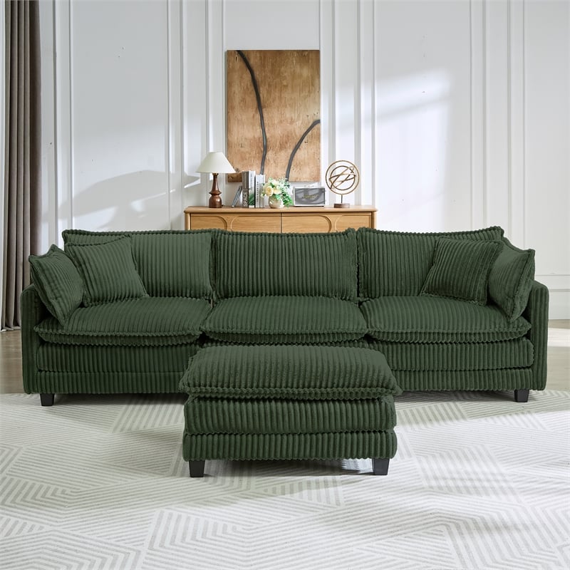 3-Seat Corduroy Cloud Sofa with Ottoman & Pockets & Pillows Green