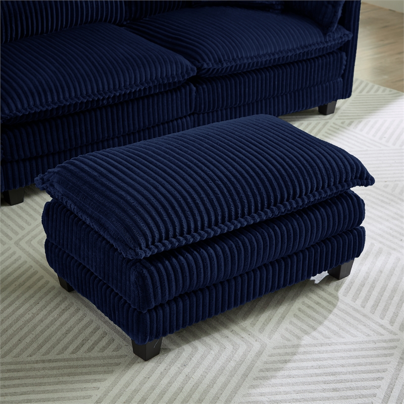 3-Seat Corduroy Cloud Sofa with Ottoman & Pockets & Pillows Blue