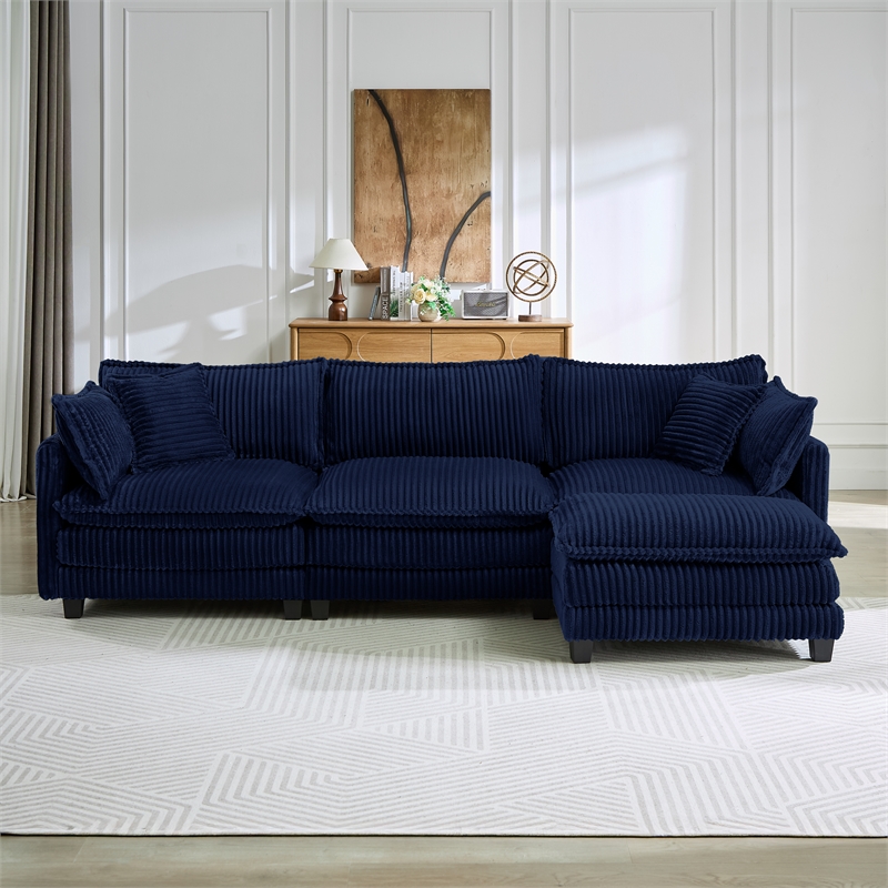 3-Seat Corduroy Cloud Sofa with Ottoman & Pockets & Pillows Blue