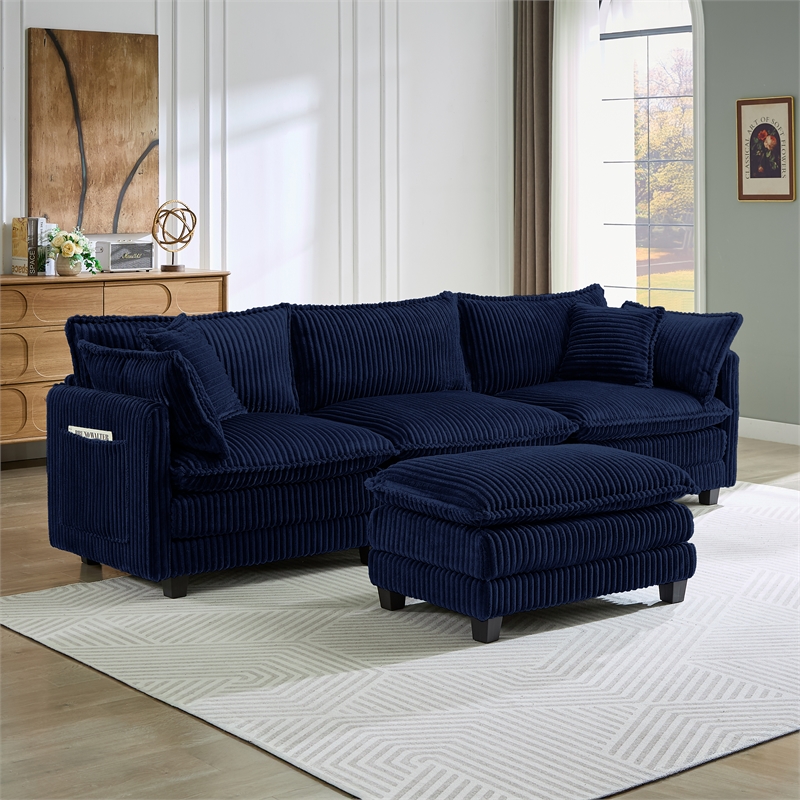 3-Seat Corduroy Cloud Sofa with Ottoman & Pockets & Pillows Blue