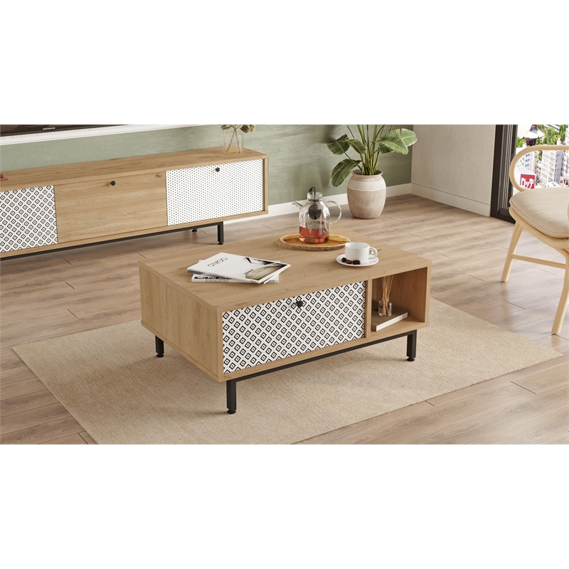 Crea Coffee Table with Metal Legs and Doors UV Print White