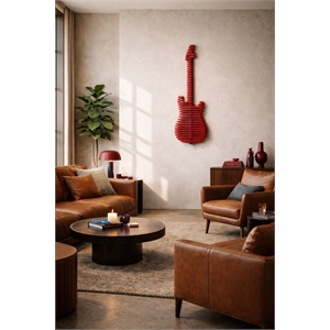 Elvis Parametric Wood Guitar Wall Decor Contemporary Sculptural Wall Art Red