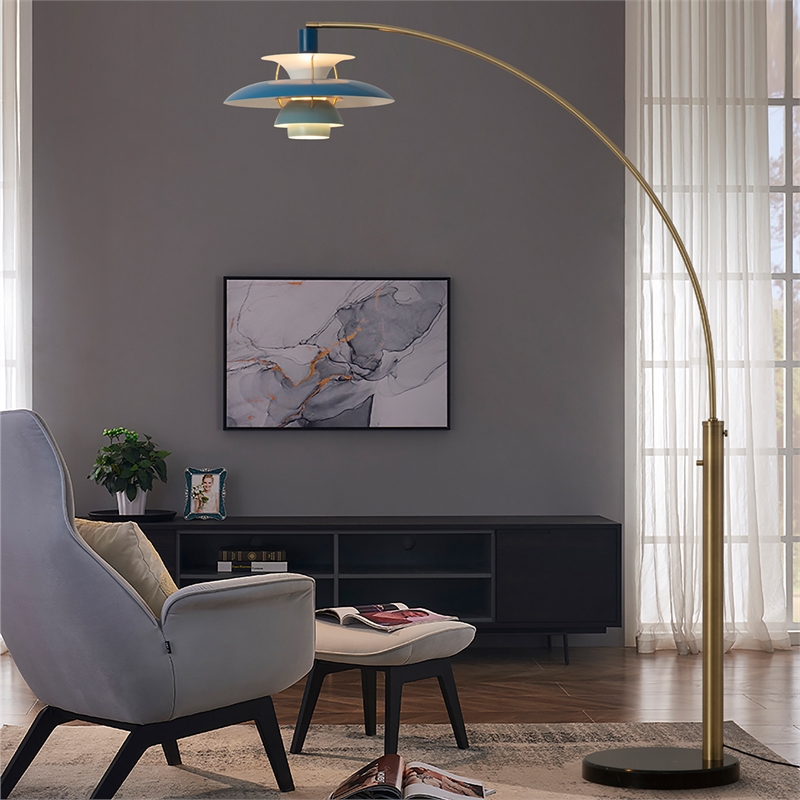 Palm Springs Arc Floor Lamp - Weathered Brass & Blue Shades
