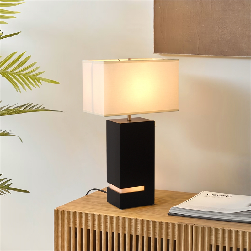 Zen Standing Table Lamp with Night Light - Dark Brown & Satin Nickel White Linen Shade 4-way Switch