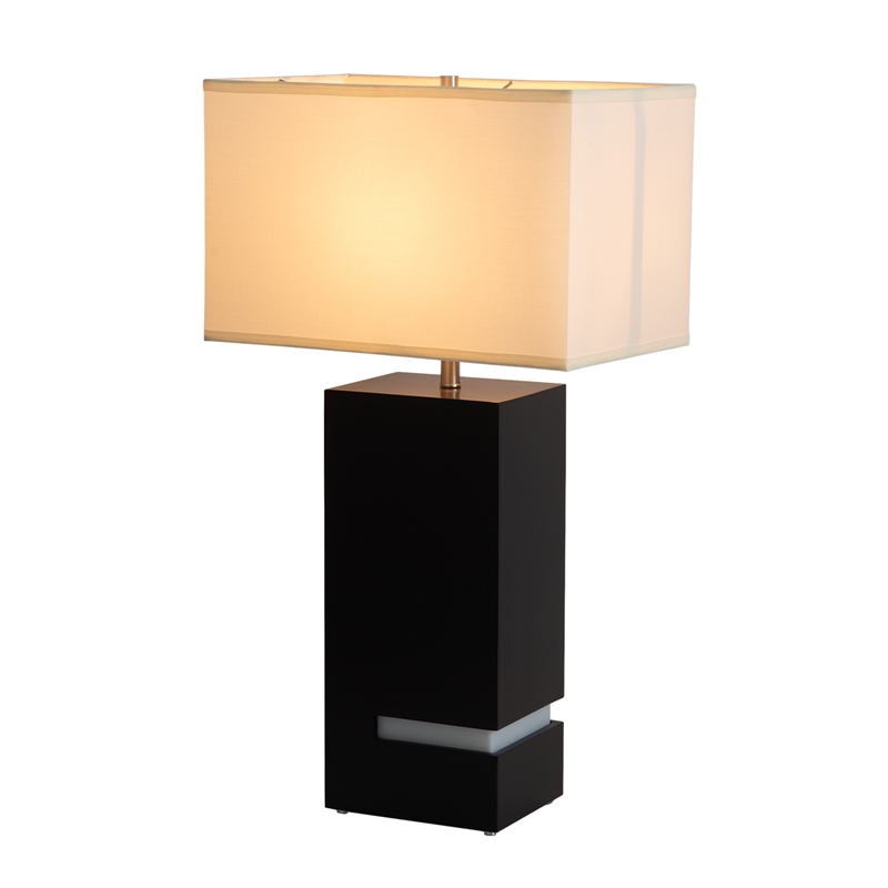 Zen Standing Table Lamp with Night Light - Dark Brown & Satin Nickel White Linen Shade 4-way Switch