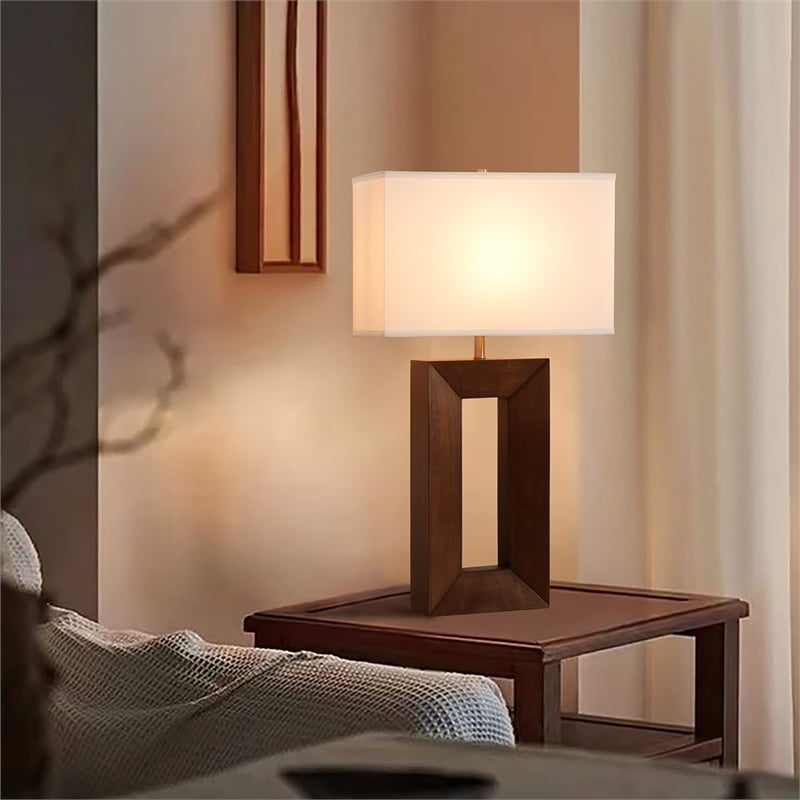Julie Standing Table Lamp - Dark Walnut Wood Finish Weathered Brass White Linen Shade