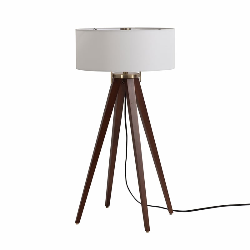 Quattro Table Lamp - Dark Walnut Wood Finish & Weathered Brass White Linen Shade