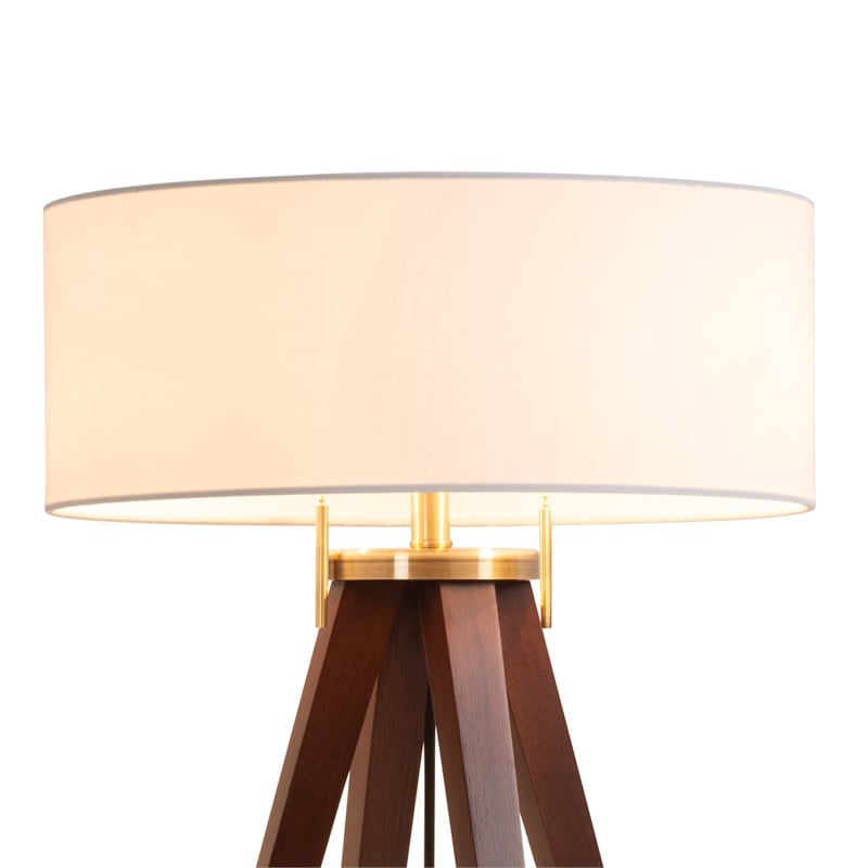 Quattro Table Lamp - Dark Walnut Wood Finish & Weathered Brass White Linen Shade