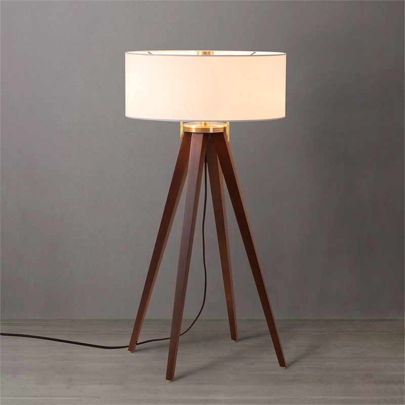 Quattro Table Lamp - Dark Walnut Wood Finish & Weathered Brass White Linen Shade
