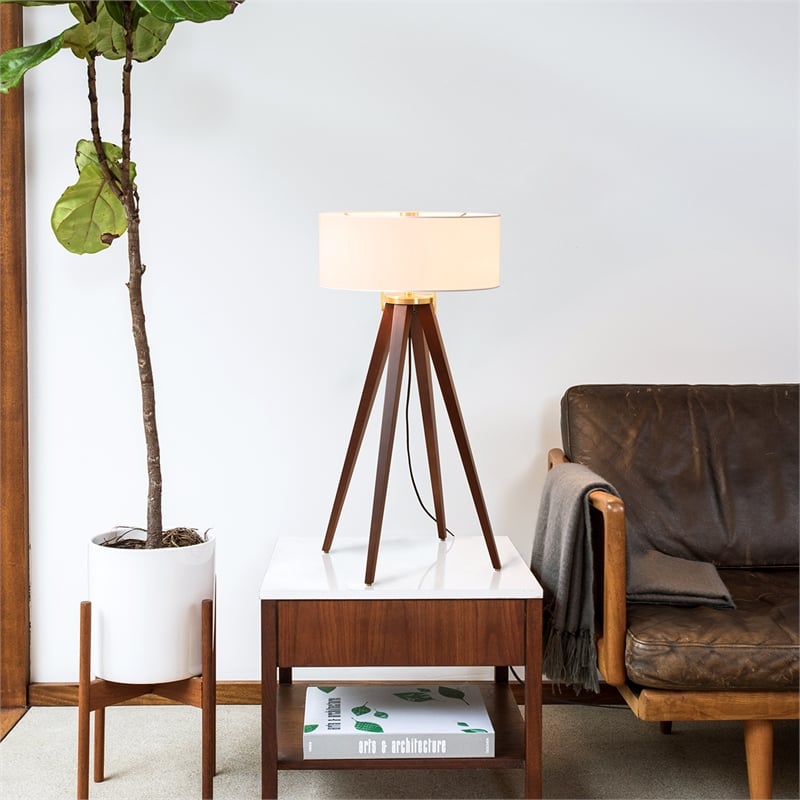 Quattro Table Lamp - Dark Walnut Wood Finish & Weathered Brass White Linen Shade