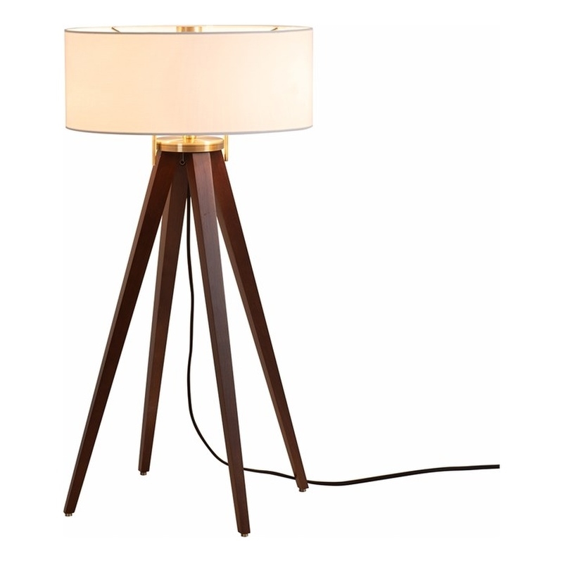 Quattro Table Lamp - Dark Walnut Wood Finish & Weathered Brass White Linen Shade