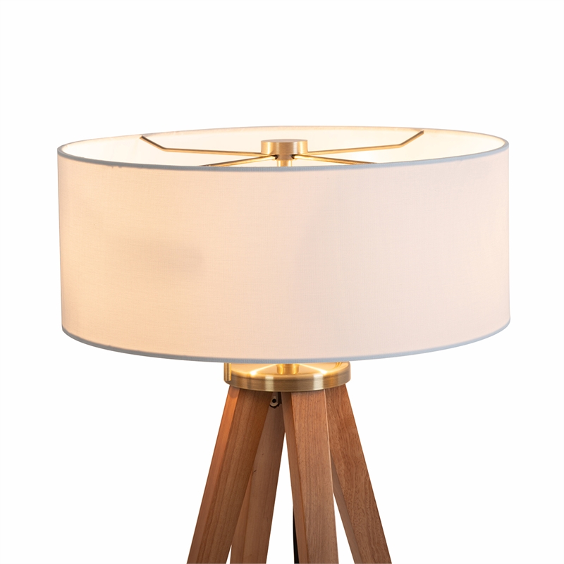 Quattro Table Lamp - Natural Ash Wood Finish & Weathered Brass White Linen Shade