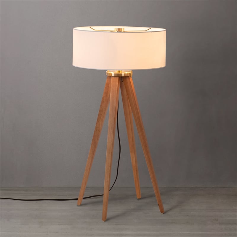 Quattro Table Lamp - Natural Ash Wood Finish & Weathered Brass White Linen Shade