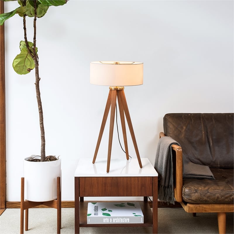 Quattro Table Lamp - Natural Ash Wood Finish & Weathered Brass White Linen Shade