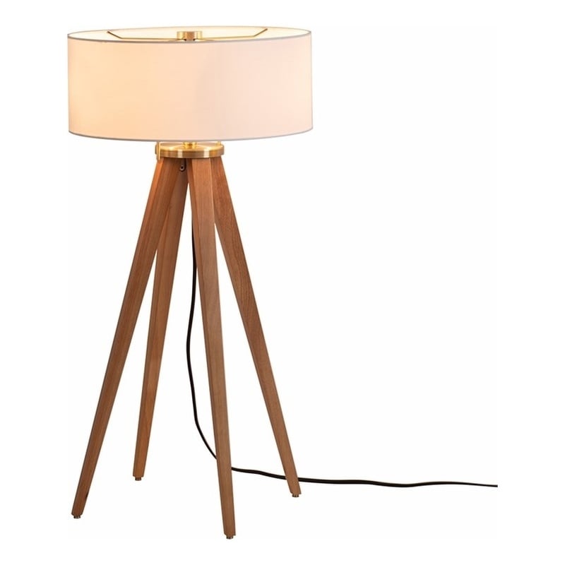 Quattro Table Lamp - Natural Ash Wood Finish & Weathered Brass White Linen Shade