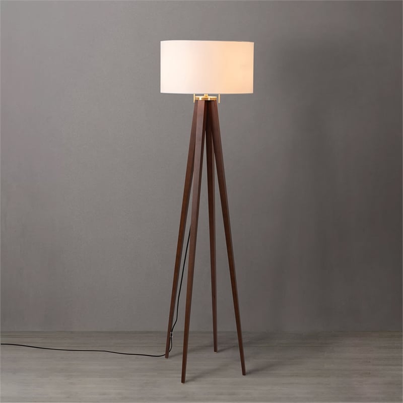 Quattro Floor Lamp - Dark Walnut Wood Finish & Weathered Brass Dimmer