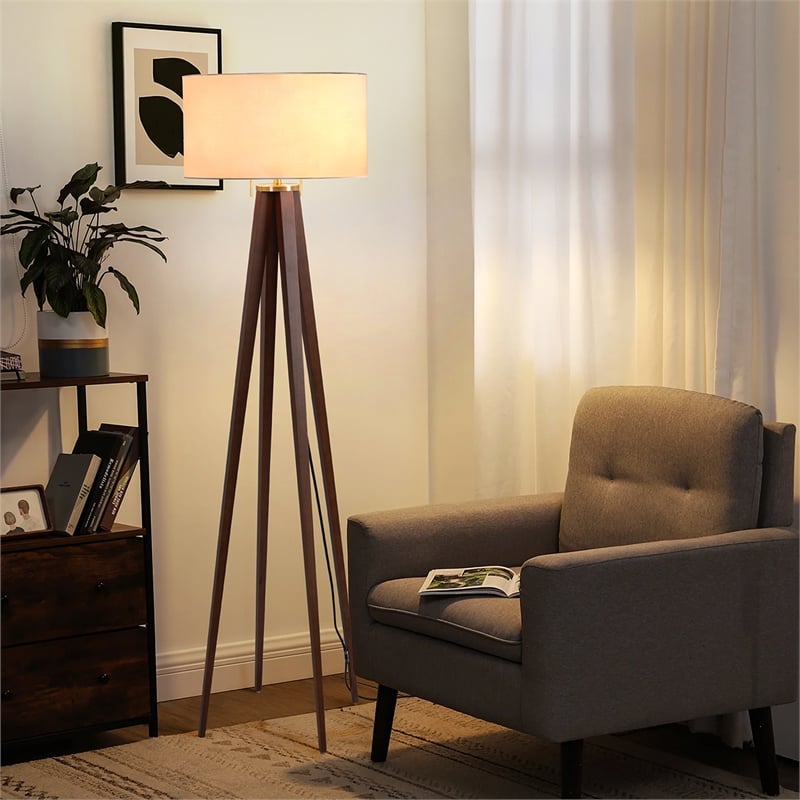 Quattro Floor Lamp - Dark Walnut Wood Finish & Weathered Brass Dimmer