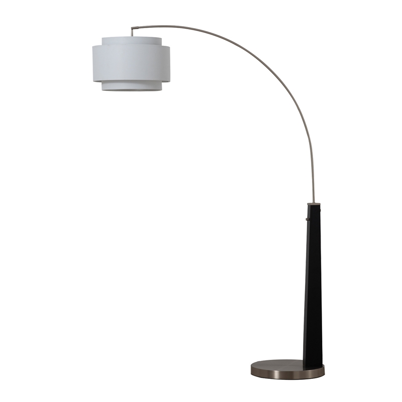 Coronado 1 Light Arc Floor Lamp - Matte Black & Satin Nickel White Linen Double Shade Dimmer Switch