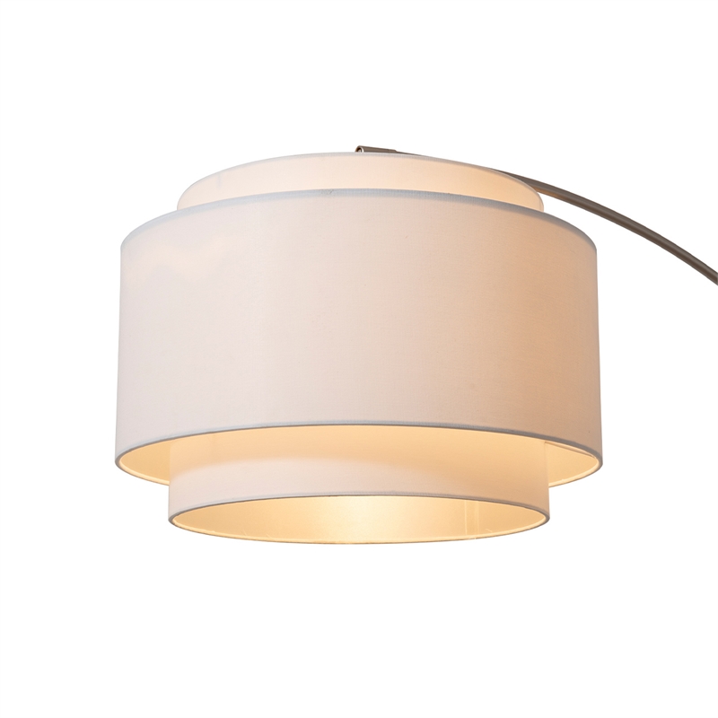 Coronado 1 Light Arc Floor Lamp - Matte Black & Satin Nickel White Linen Double Shade Dimmer Switch