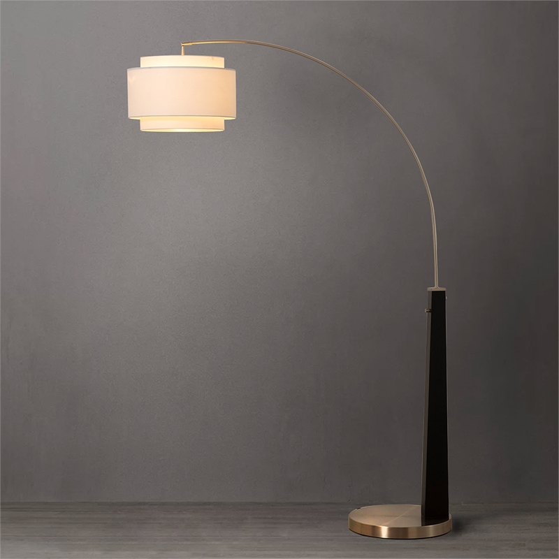 Coronado 1 Light Arc Floor Lamp - Matte Black & Satin Nickel White Linen Double Shade Dimmer Switch