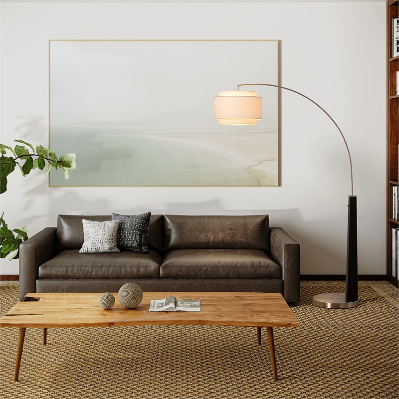 Coronado 1 Light Arc Floor Lamp - Matte Black & Satin Nickel White Linen Double Shade Dimmer Switch