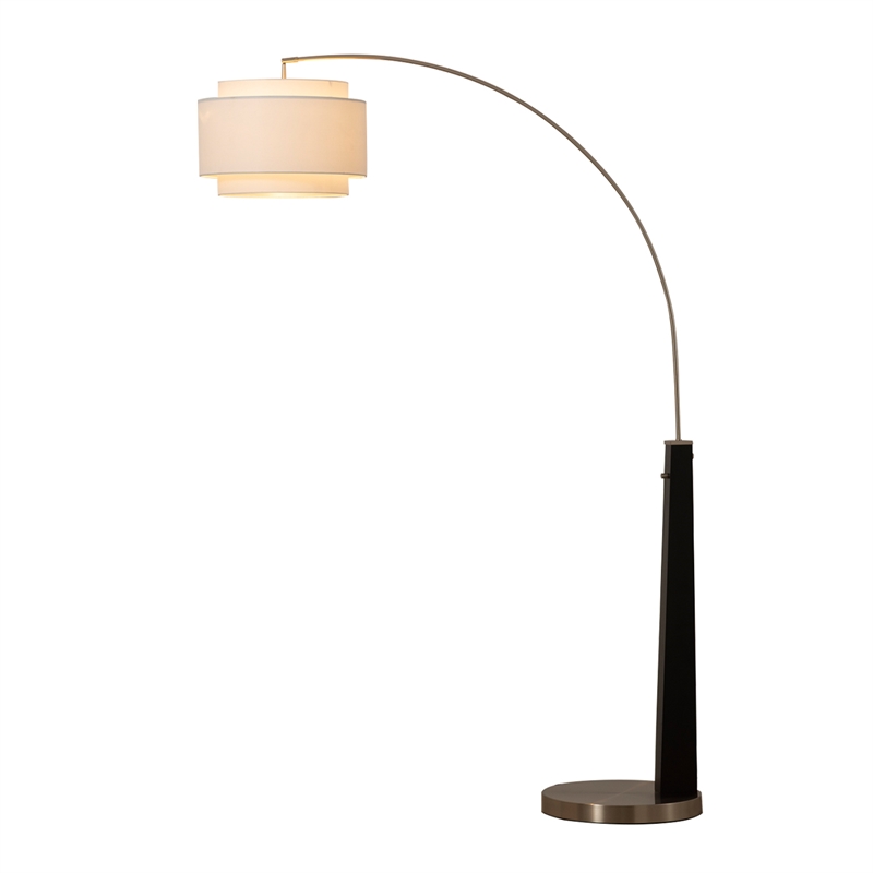 Coronado 1 Light Arc Floor Lamp - Matte Black & Satin Nickel White Linen Double Shade Dimmer Switch