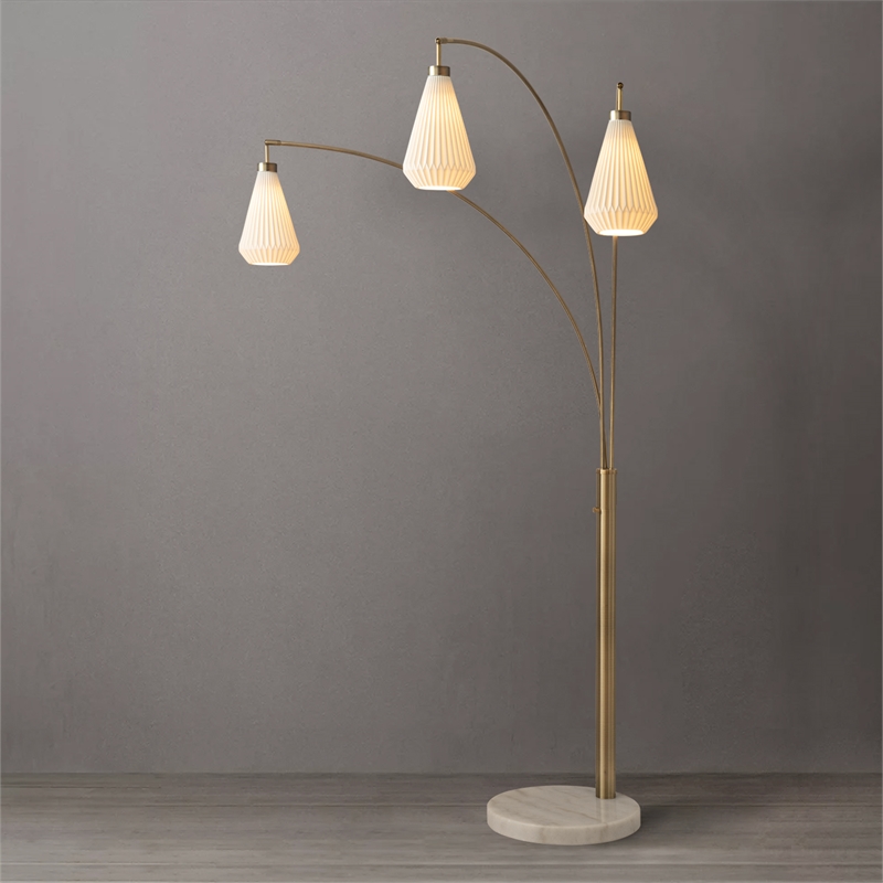Concord Bone Porcelain Shade 3 Light Arc Floor Lamp - 85 Weathered Brass & Walnut Dimmer Switch