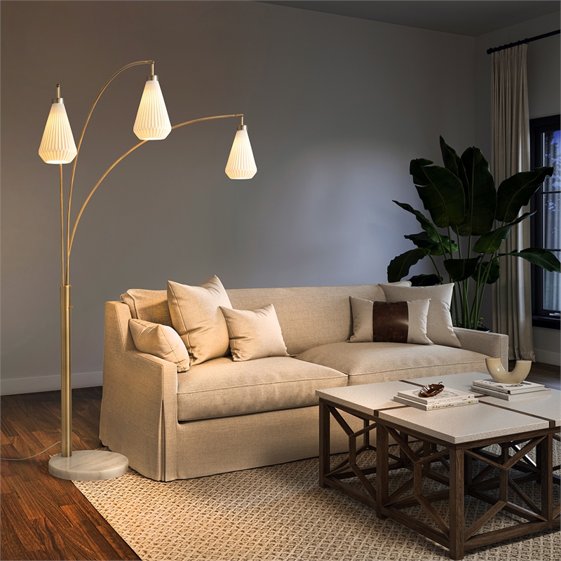 Concord Bone Porcelain Shade 3 Light Arc Floor Lamp - 85 Weathered Brass & Walnut Dimmer Switch