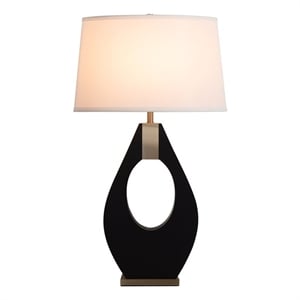 Pearson Table Lamp - Ebony Wood Weathered Brass White Cotton-Linen Shade