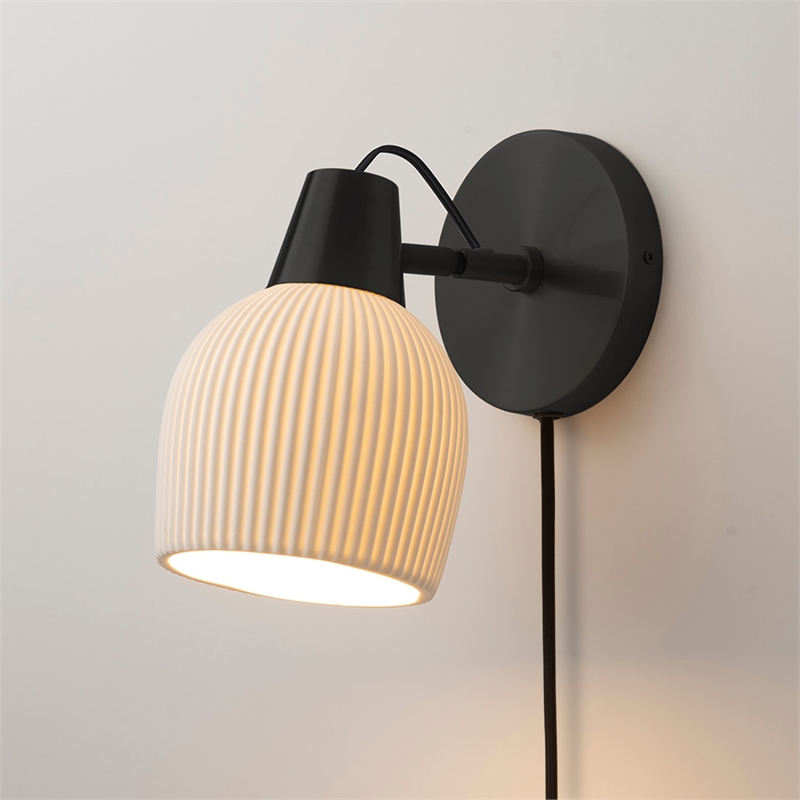 Petaluma Bone Porcelain Wall Sconce - Matte Black Plug-in Dimmer