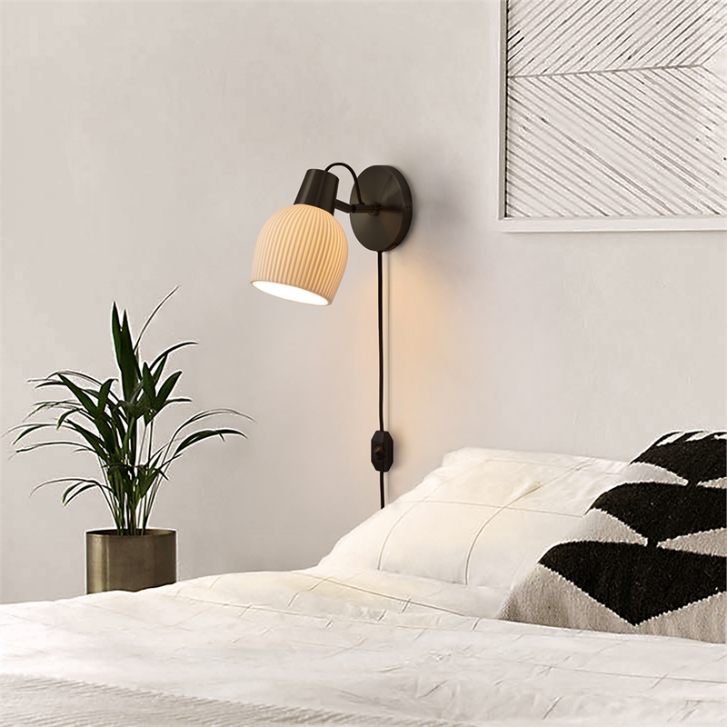 Petaluma Bone Porcelain Wall Sconce - Matte Black Plug-in Dimmer