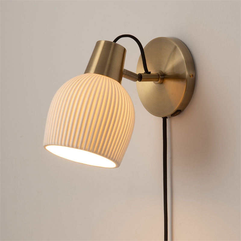 Petaluma Bone Porcelain Wall Sconce - Weathered Brass Plug-in Dimmer switch
