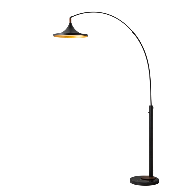 Lodi 1-Light Arc Floor Lamp - Black Walnut Gold Leaf Marble Base Dimmer