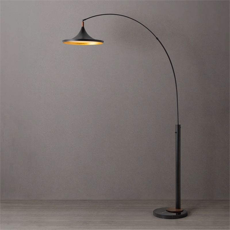Lodi 1-Light Arc Floor Lamp - Black Walnut Gold Leaf Marble Base Dimmer