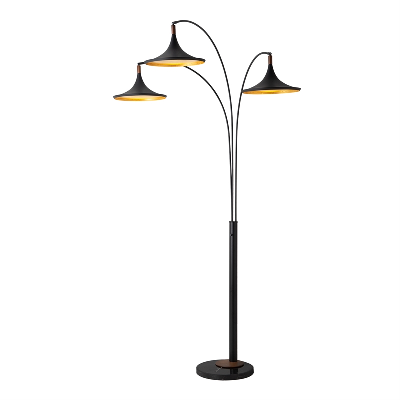 Lodi 3-Light Arc Floor Lamp - Black Walnut Gold Leaf Marble Base Dimmer