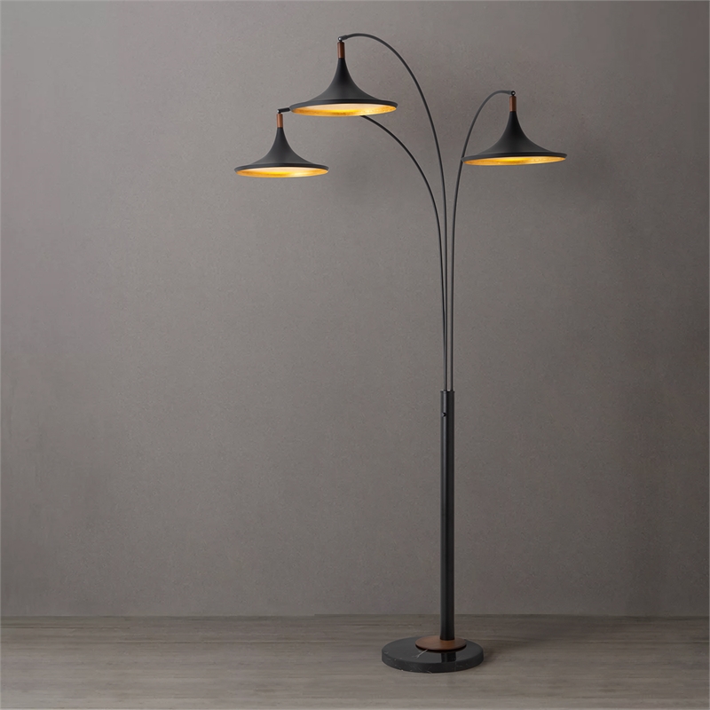 Lodi 3-Light Arc Floor Lamp - Black Walnut Gold Leaf Marble Base Dimmer