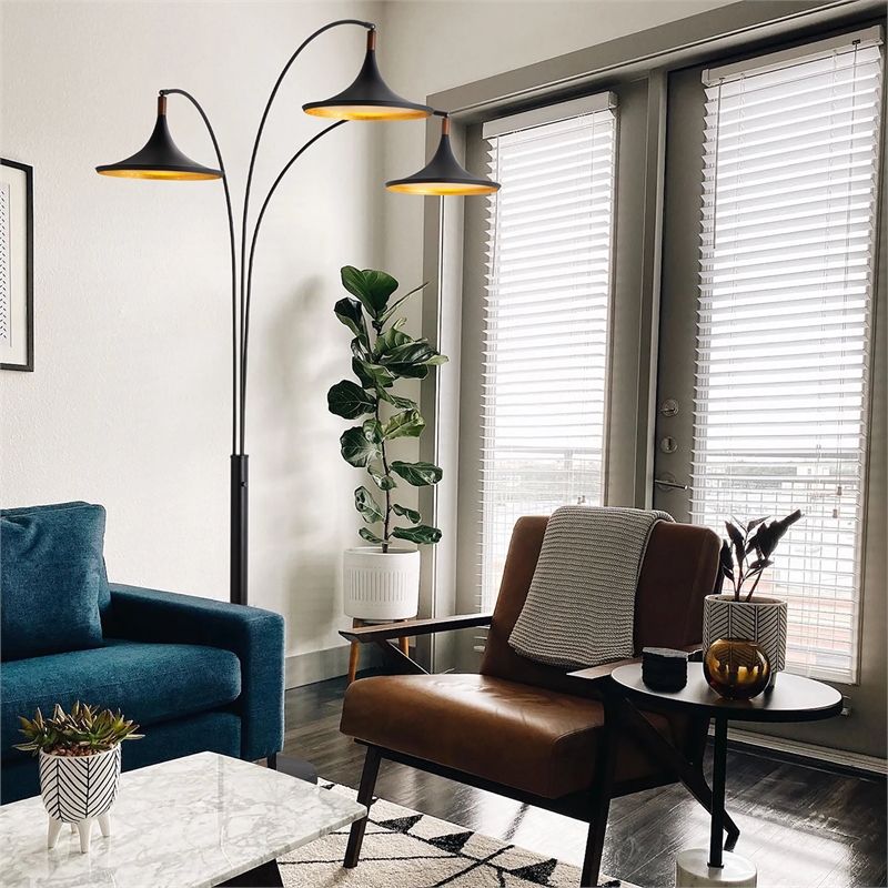 Lodi 3-Light Arc Floor Lamp - Black Walnut Gold Leaf Marble Base Dimmer