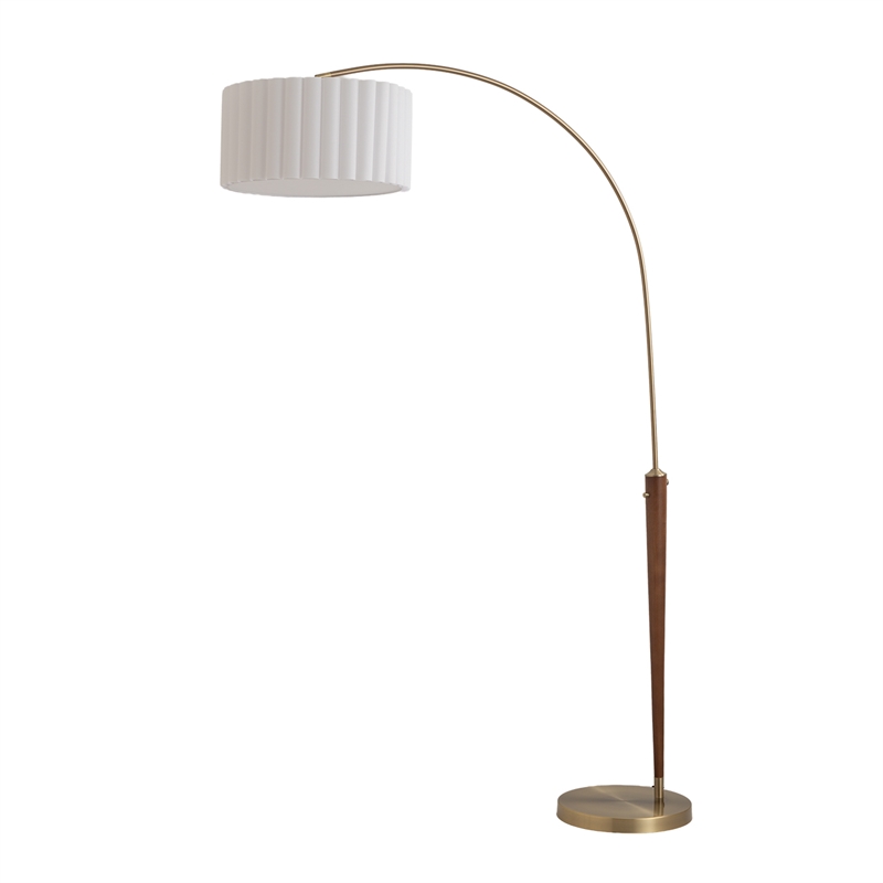 Scalloped 1-Light Arc Floor Lamp - Walnut Brass Linen Shade Dimmer