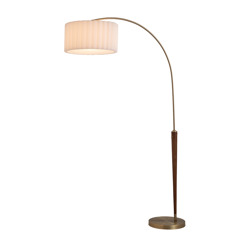 Scalloped 1-Light Arc Floor Lamp - Walnut Brass Linen Shade Dimmer