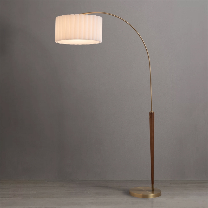 Scalloped 1-Light Arc Floor Lamp - Walnut Brass Linen Shade Dimmer
