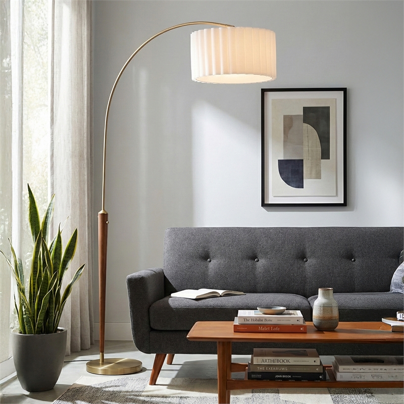 Scalloped 1-Light Arc Floor Lamp - Walnut Brass Linen Shade Dimmer